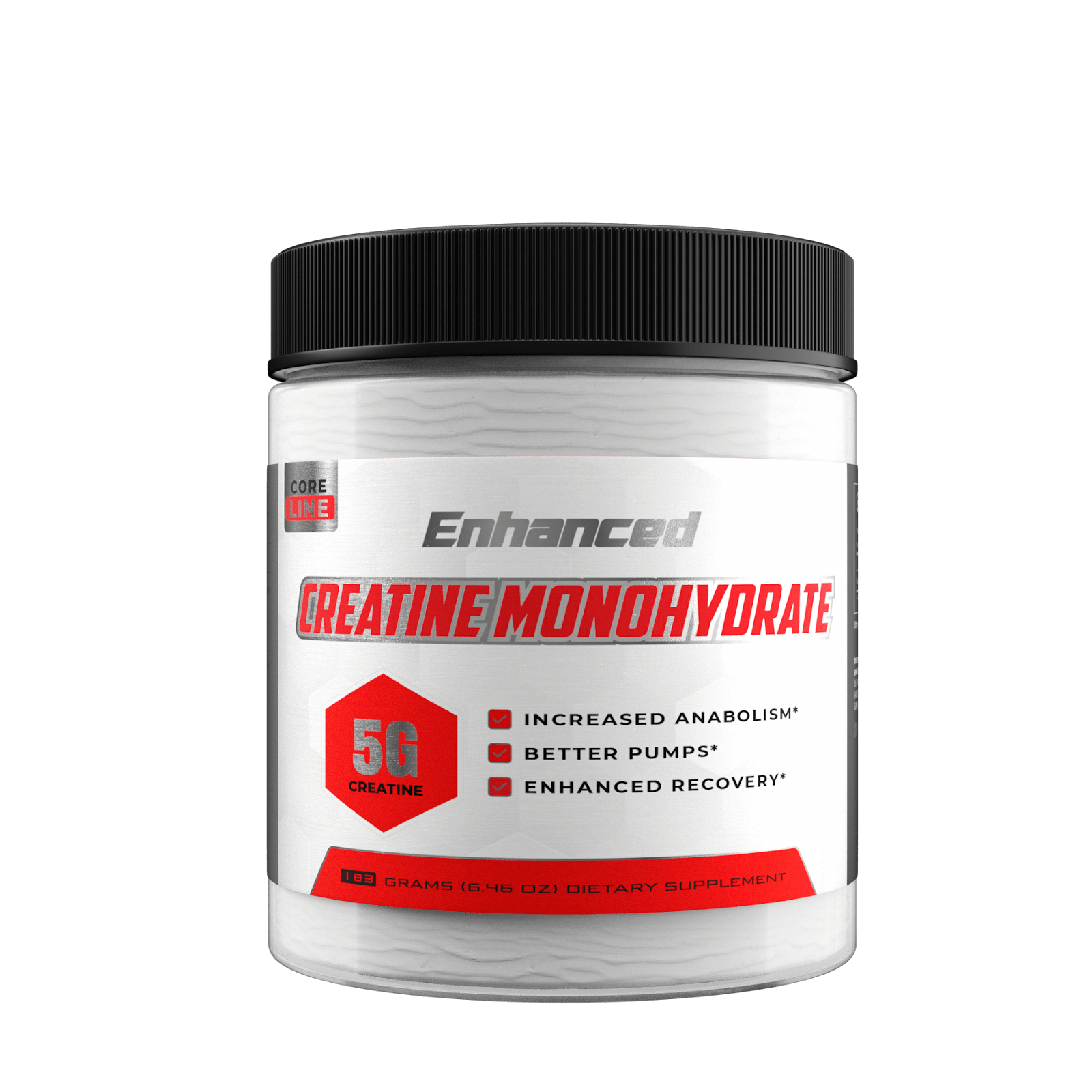 เอนฮานซ์ด-คอร์-ไลน์-ครีเอทีน-โมโนไฮเดรต-5ก.-ครีเอทีน-183-กรัม-ผลิตภัณฑ์เสริมอาหาร-ฉลากด้านหน้า-พื้นหลังสีดำ