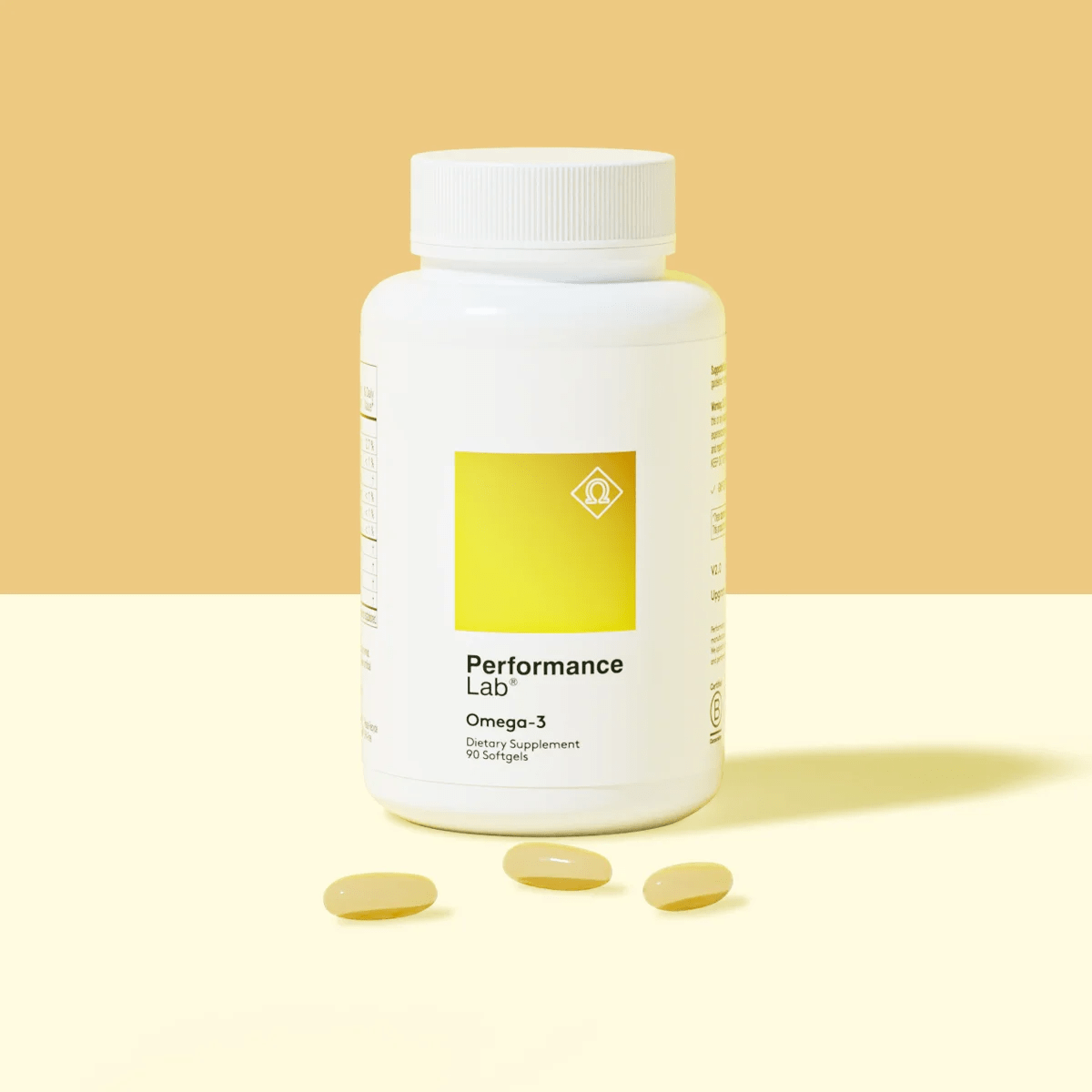 performance-lab-omega-3-dietary-supplement-bottle-with-softgels-yellow-label-90-softgels-on-yellow-background