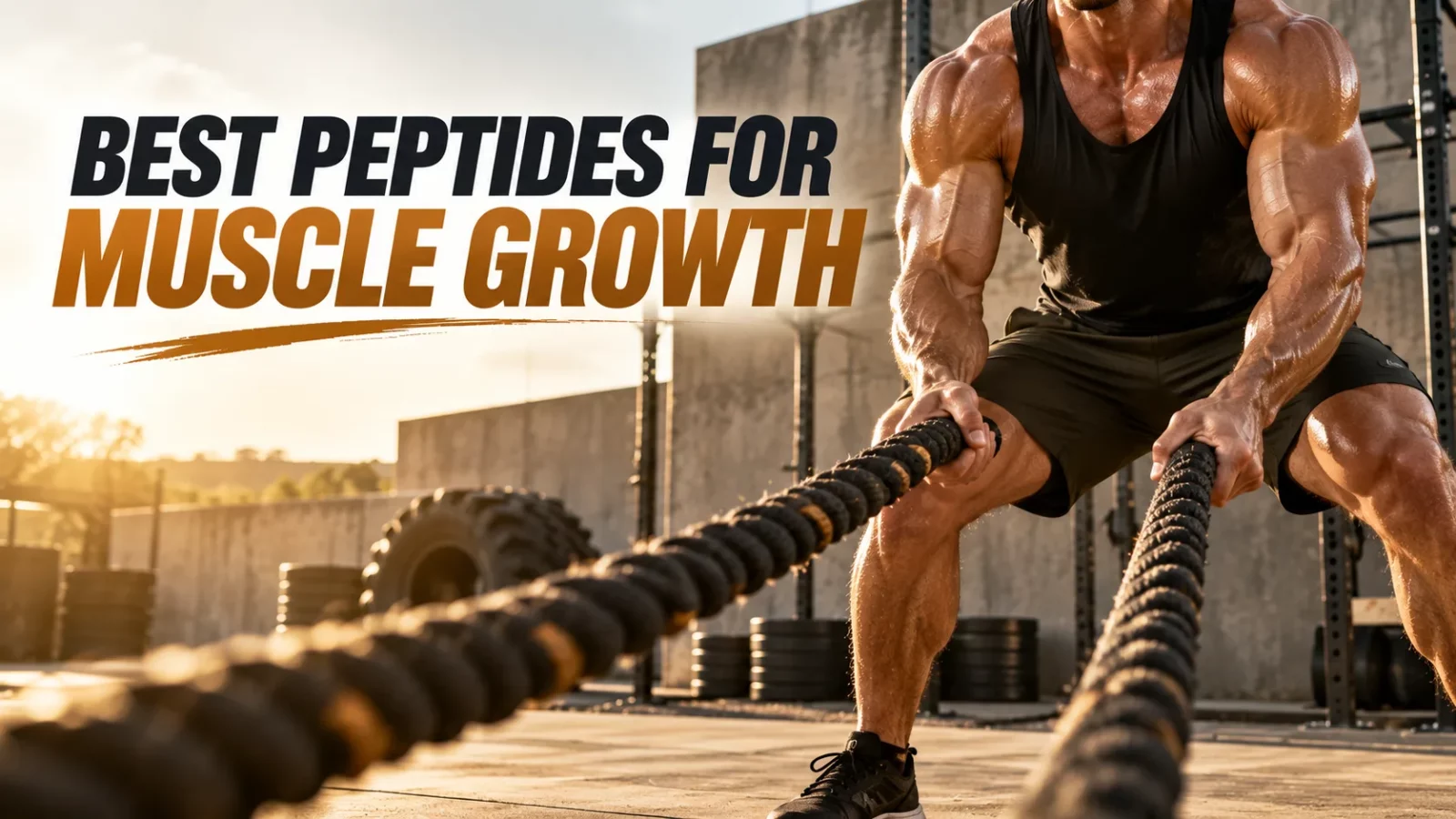 Best peptides for muscle growth: muscular man doing battle rope training outdoors at sunset