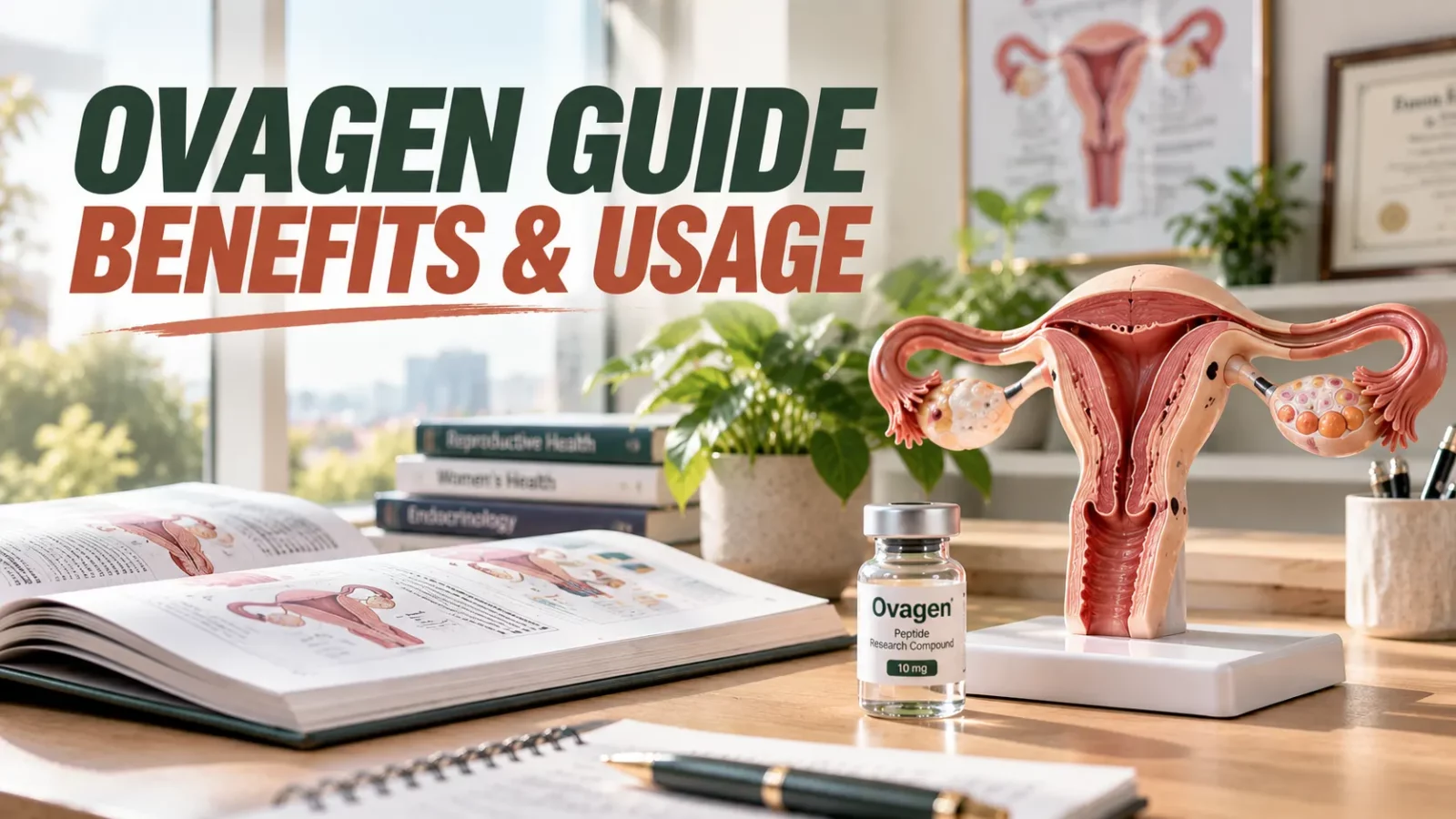 Ovagen peptide guide: anatomy model, open medical textbook and an Ovagen vial in a bright clinic