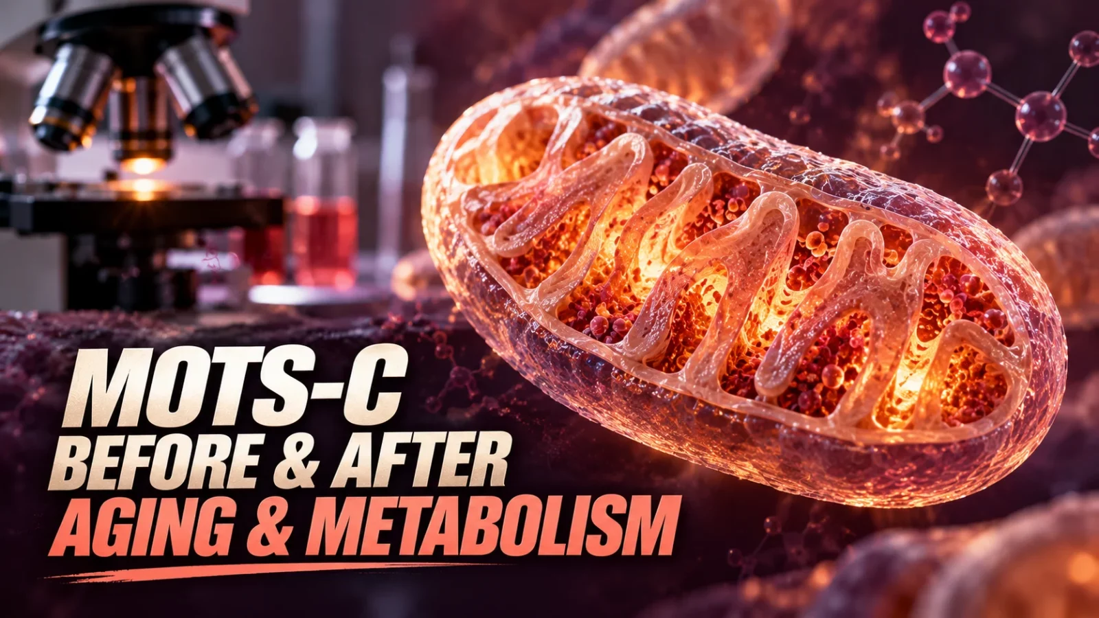 MOTS-c before and after: glowing 3D mitochondrion with lab equipment in the background
