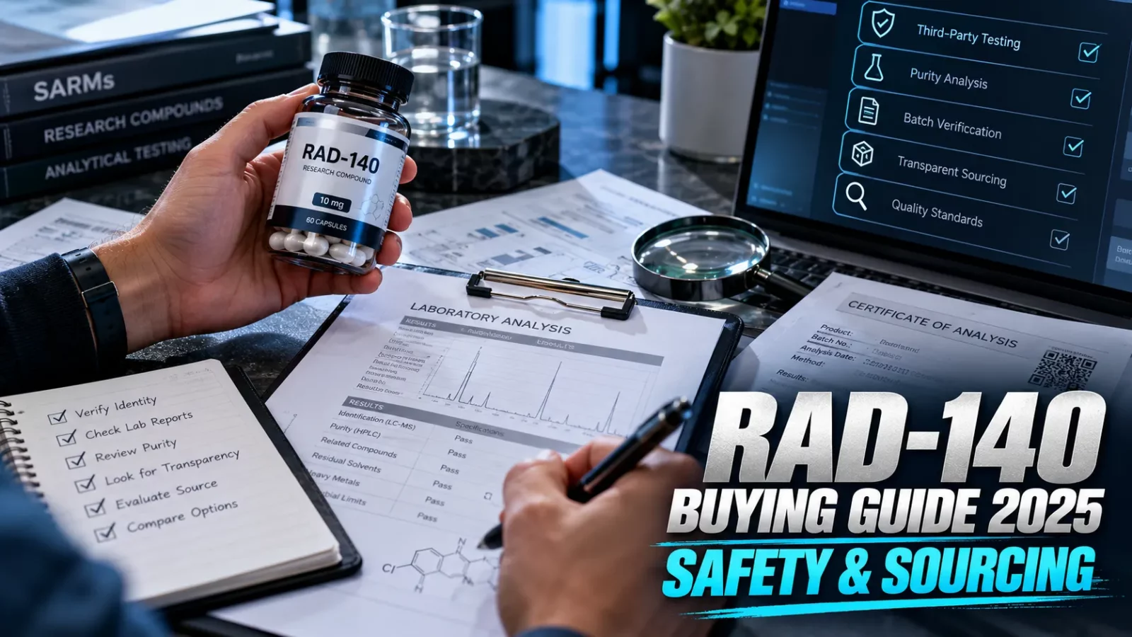 Where to buy RAD-140 safely: hand holding a RAD-140 bottle over lab reports, a COA and a quality checklist