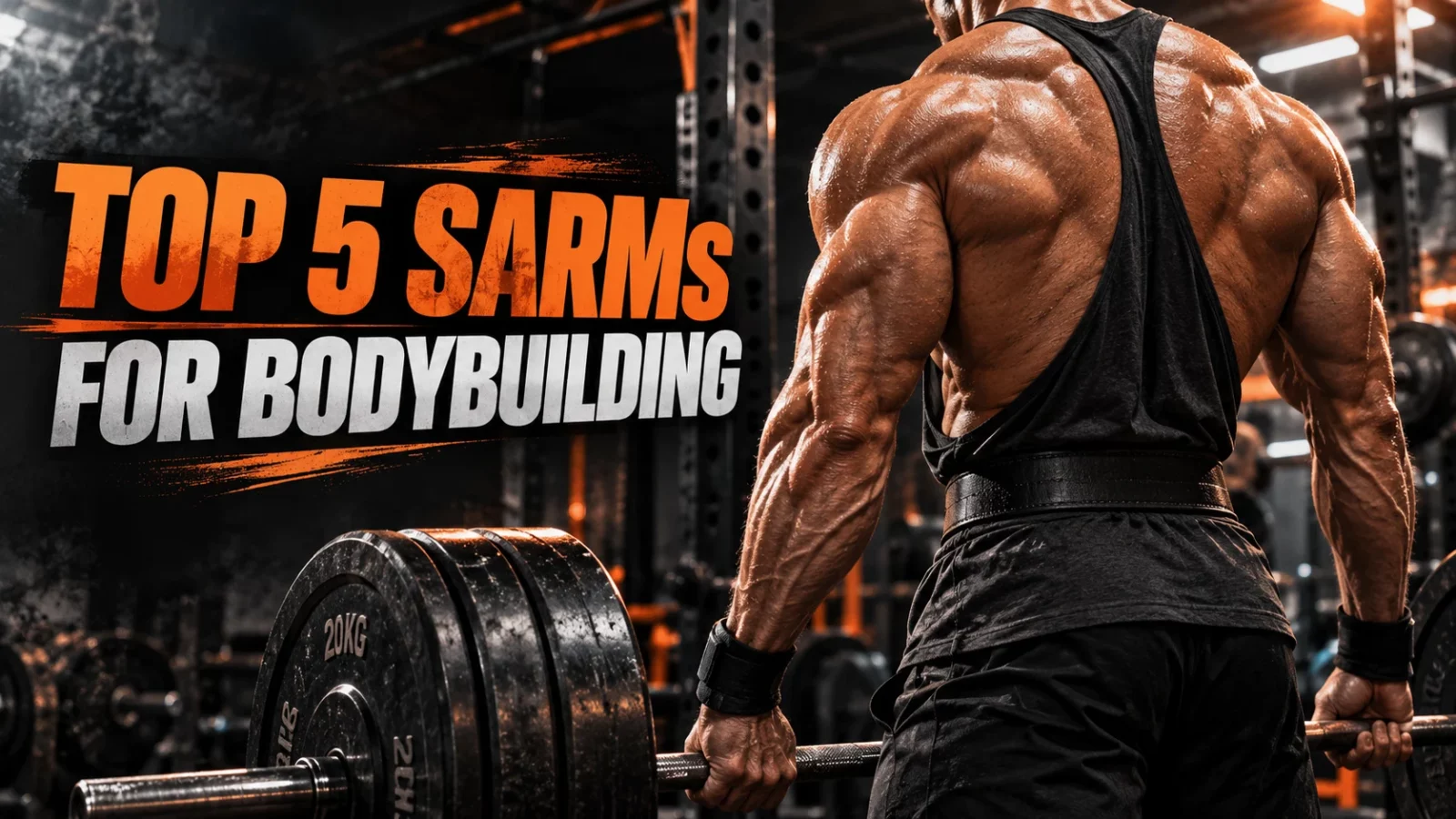 Best SARMs for bodybuilding: muscular man in a black tank top lifting a barbell in a dark gym