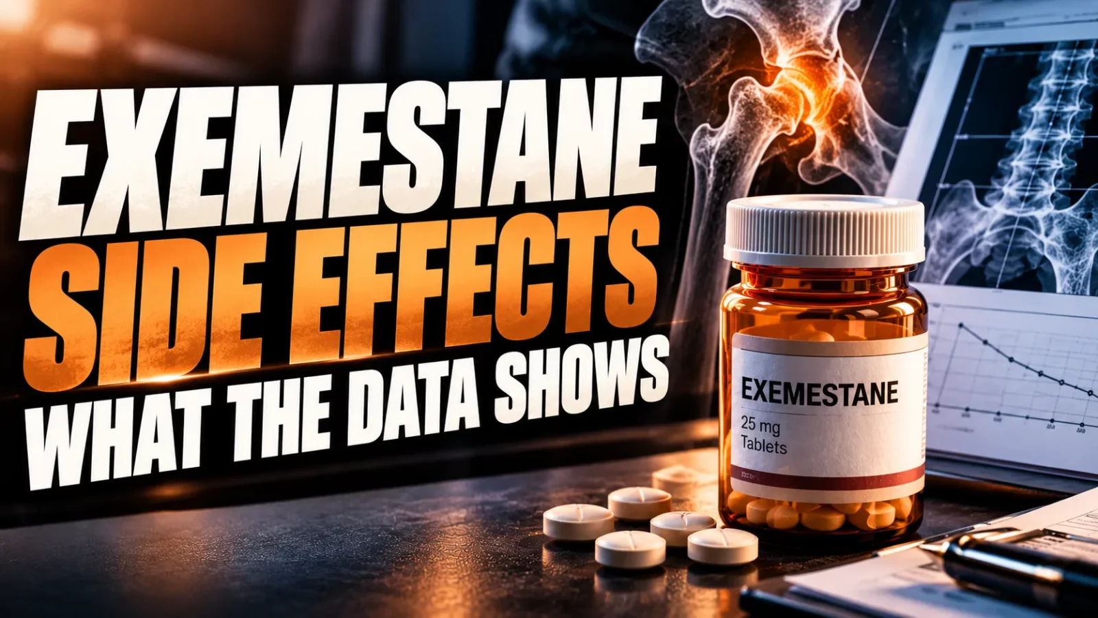 Exemestane side effects: bottle of exemestane 25 mg tablets beside an X-ray and a data chart