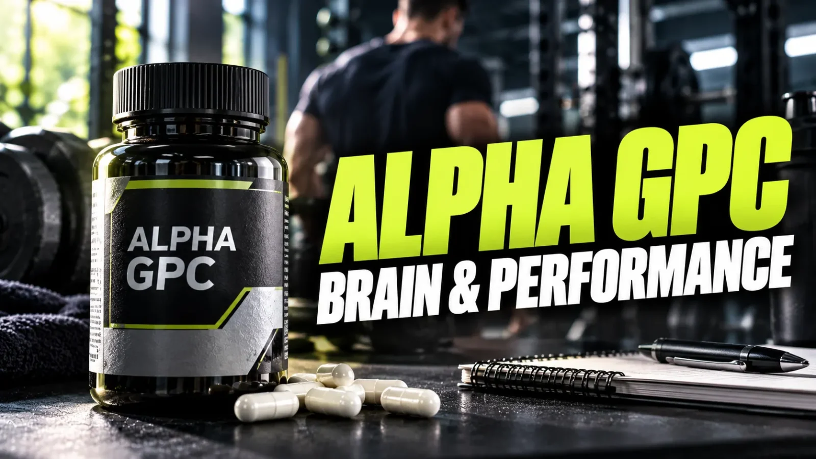 Alpha GPC supplement bottle and capsules beside a notebook in a gym, with a lifter training behind