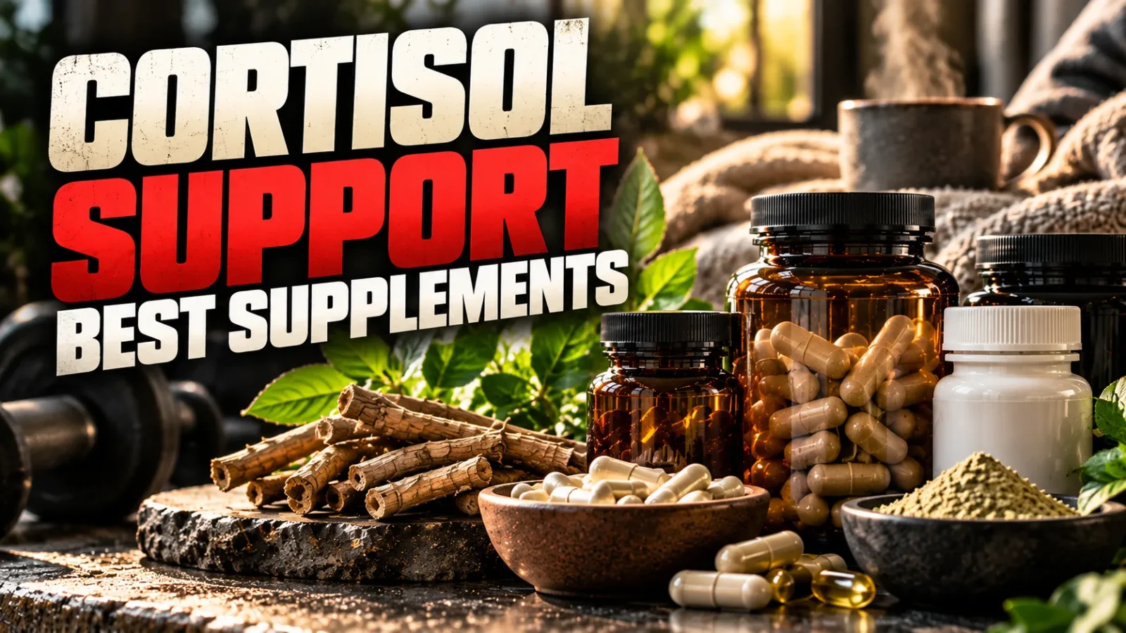 Supplements to reduce cortisol: capsule jars, ashwagandha root and herbal powder on a rustic wooden table