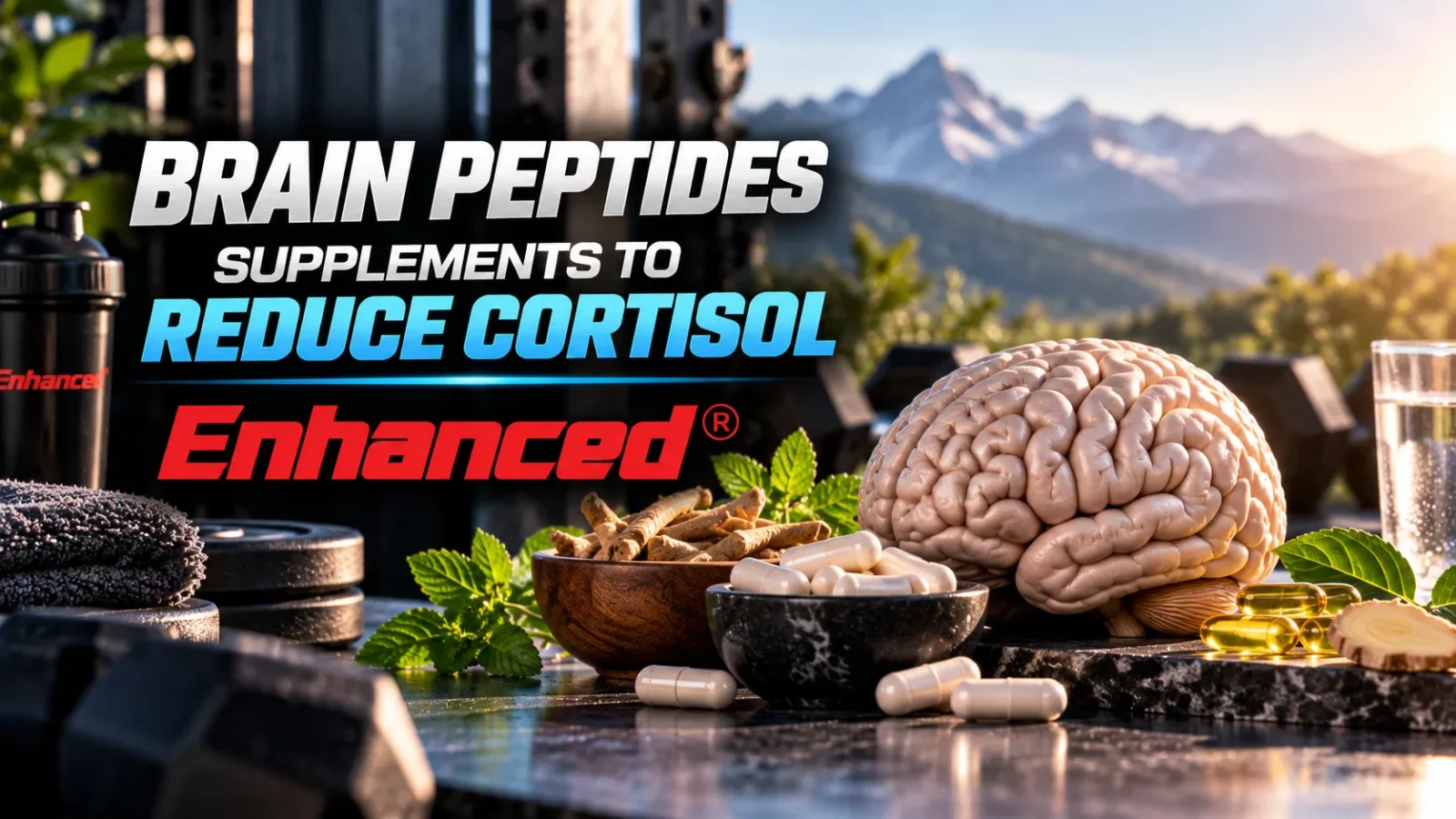 Brain peptides and cortisol supplements: brain model, capsules and herbs on a table with mountains behind