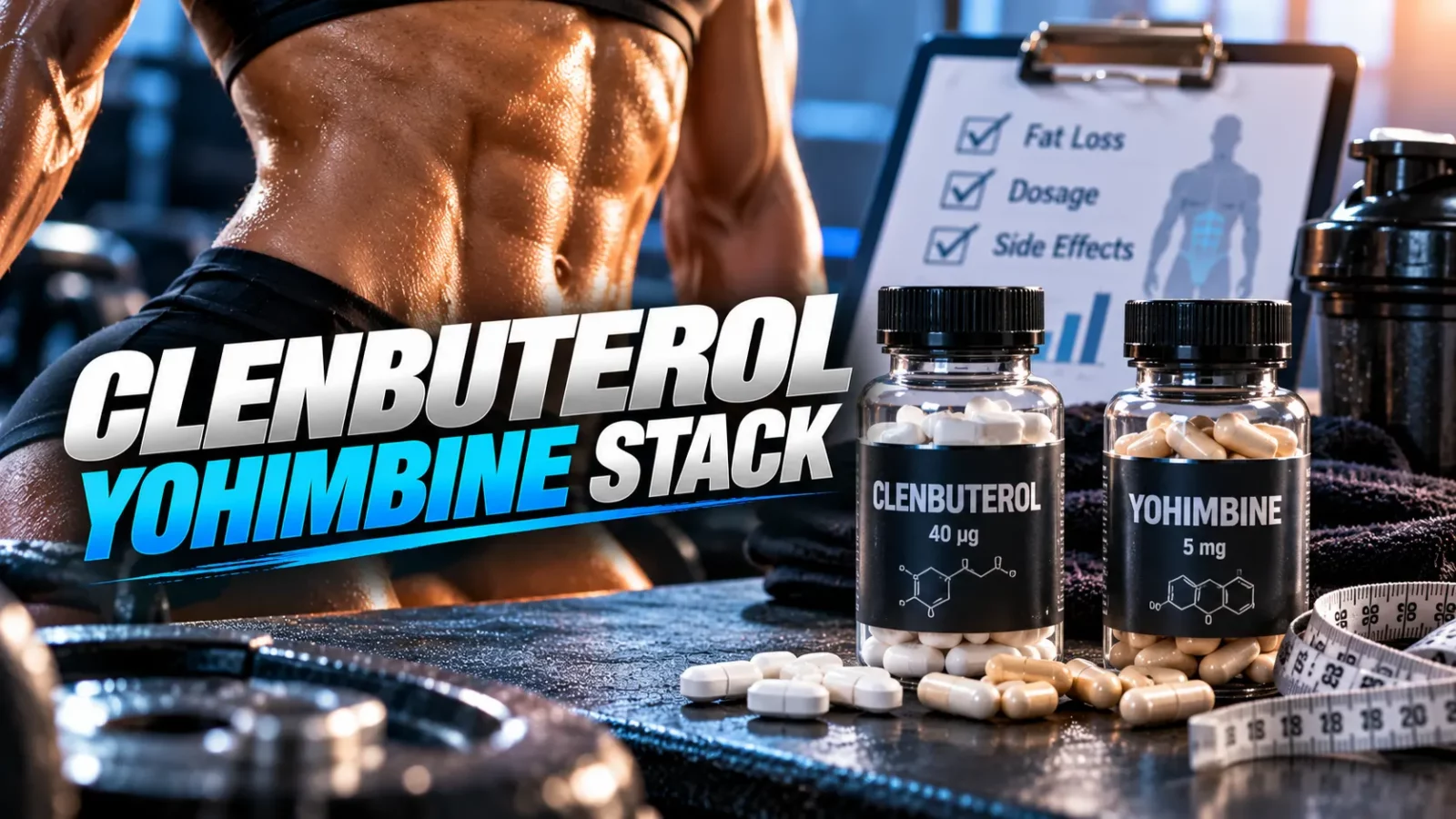 Clenbuterol and yohimbine stack: two pill bottles, tablets and a tape measure on a gym bench
