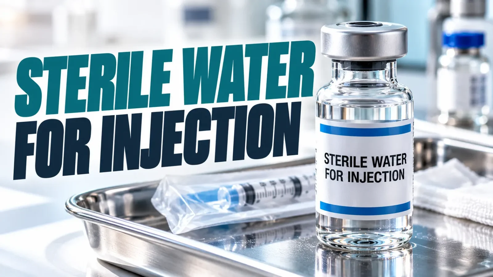 Sterile water for injection vial beside a syringe and alcohol swabs on a steel tray