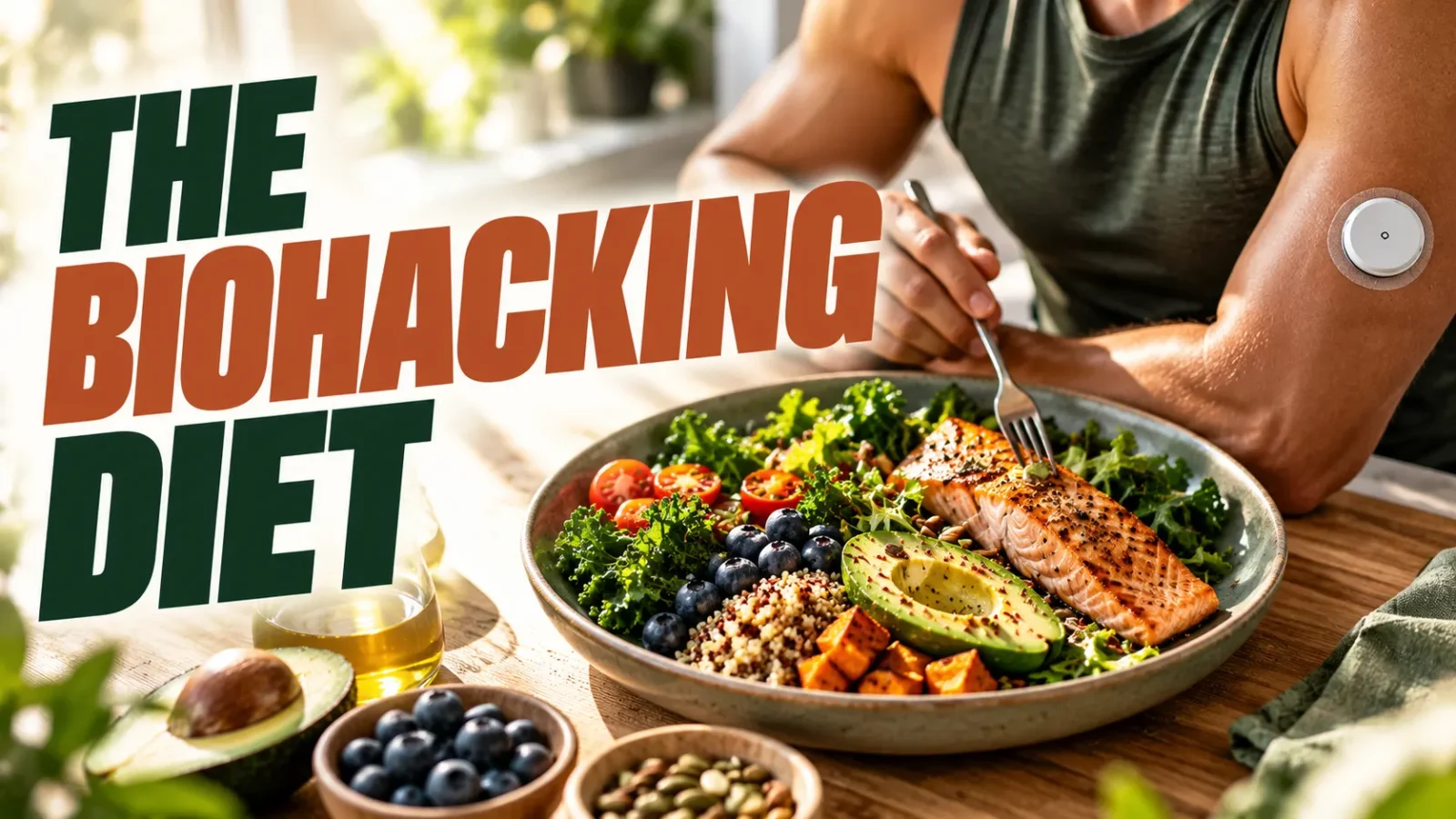 Biohacking diet: man wearing a glucose monitor eating a salmon, avocado and vegetable bowl