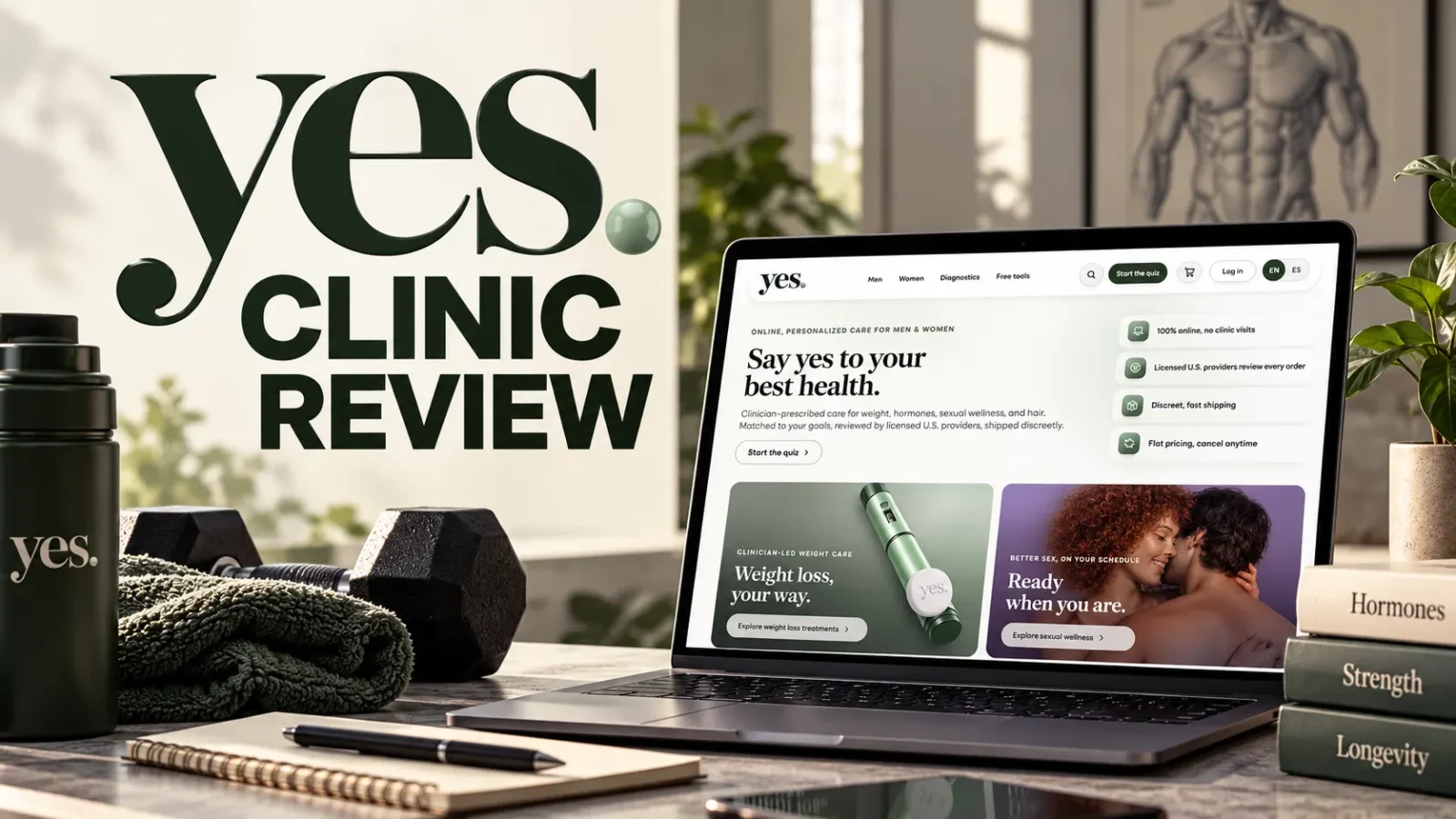Yes Clinic review: the Yes telehealth website open on a laptop in a bright home office