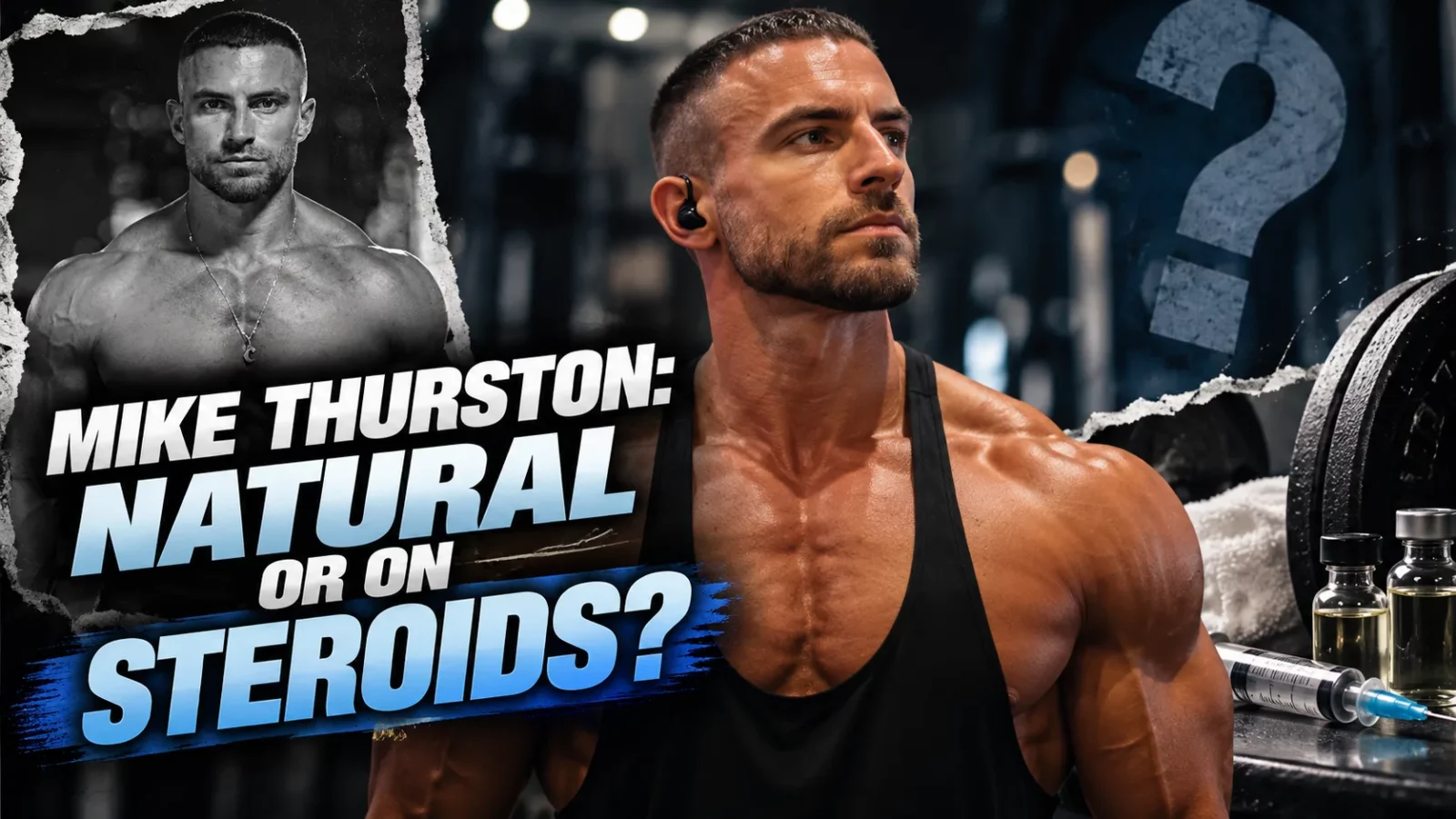Mike Thurston in a black tank top beside a question mark, asking natural or on steroids