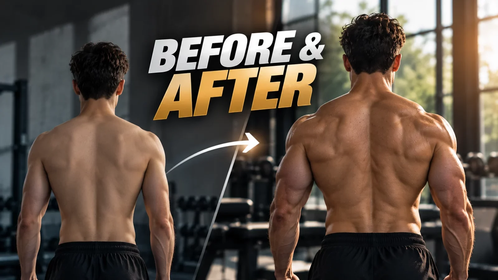 Steroids before and after: the same man's back shown thinner on the left and more muscular on the right