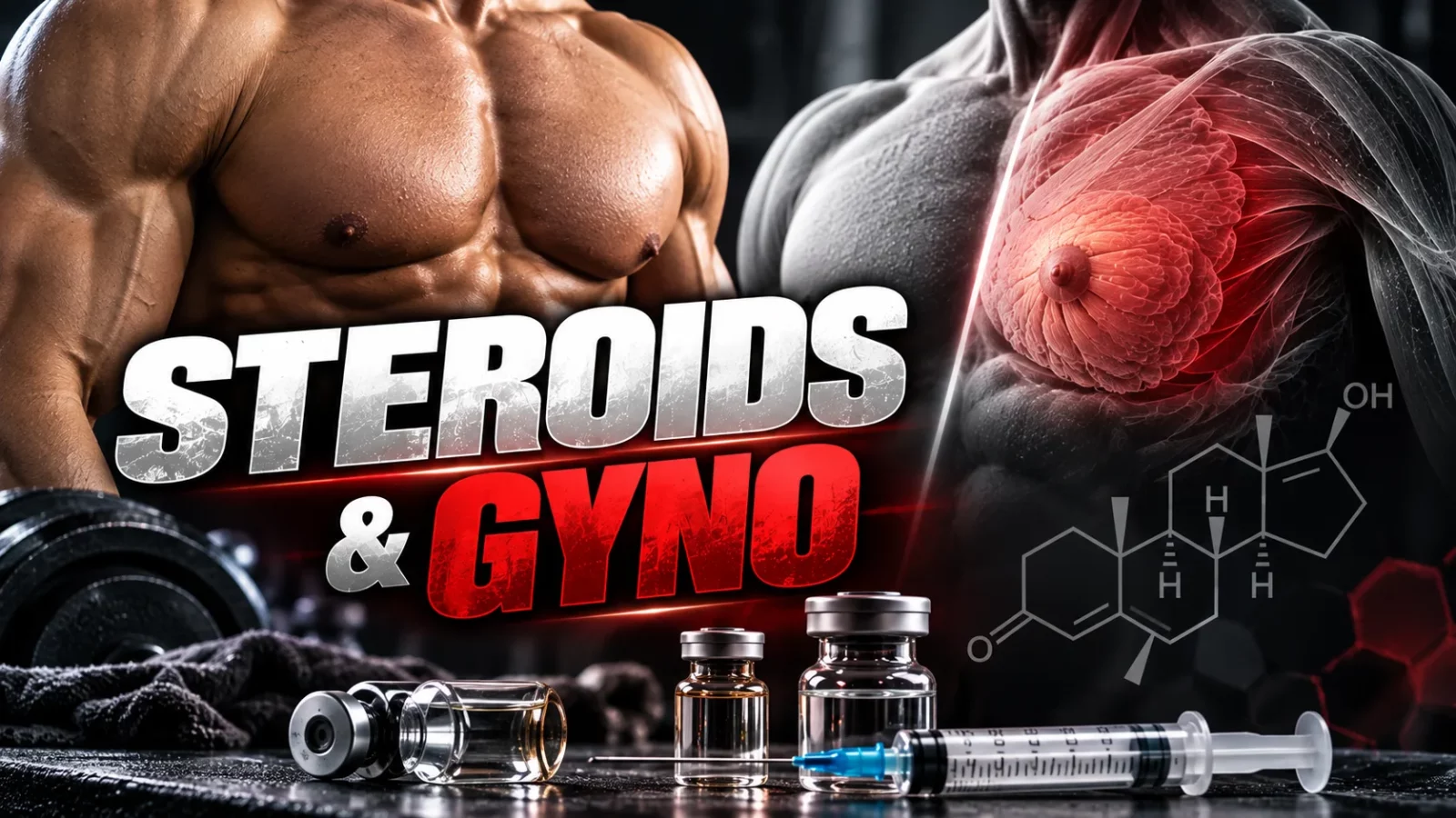 Steroids and gyno: muscular chest with a highlighted breast tissue area, steroid molecule, vials and a syringe