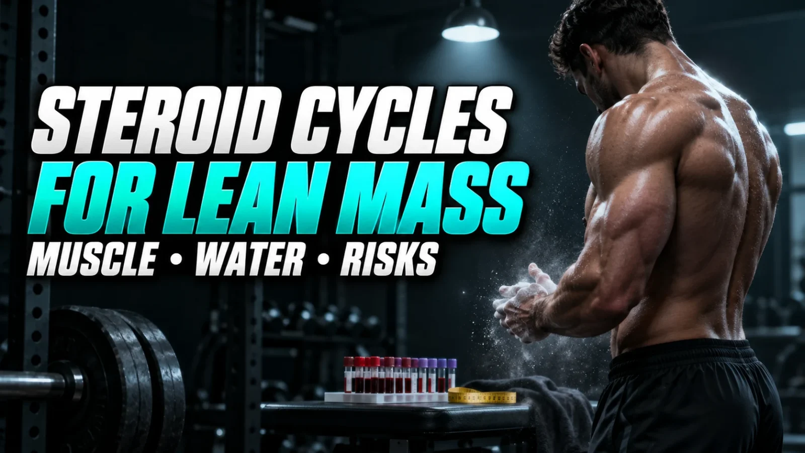 Muscular man chalking his hands in a gym, with blood sample tubes on a bench, for an article on steroid cycles for lean mass