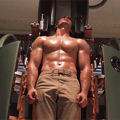 Chris Evans in the shirtless reveal scene of Captain America: The First Avenger