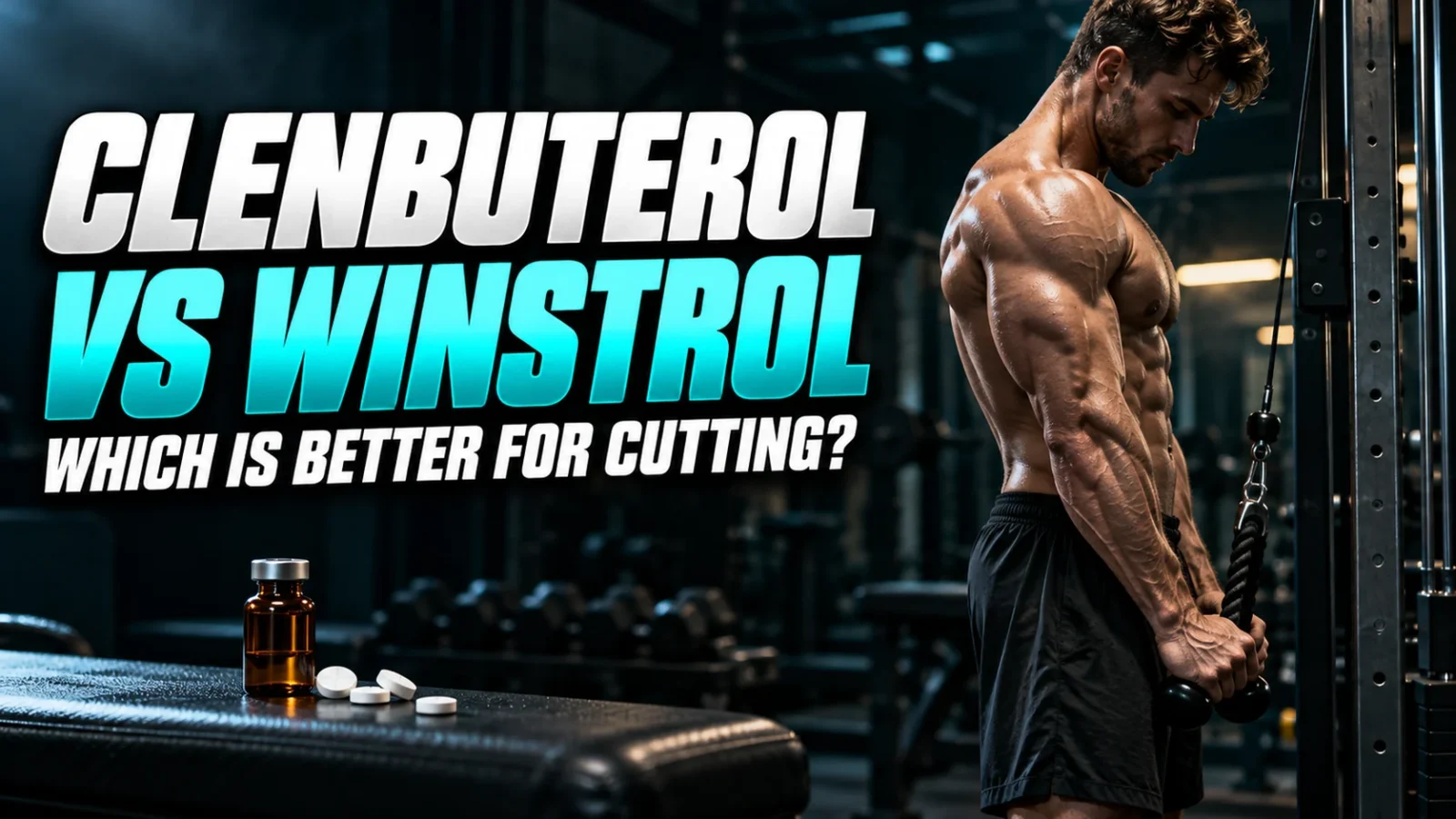 Muscular man doing a cable exercise in a gym beside a small bottle and tablets, for a comparison of clenbuterol and Winstrol