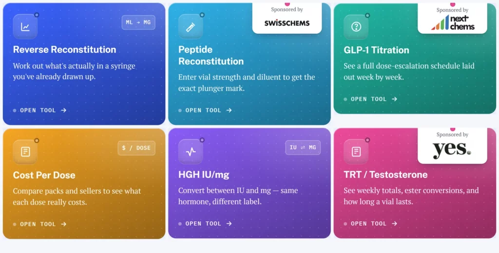 Six free Muscle & Brawn calculator cards, including peptide reconstitution, GLP-1 titration and cost per dose