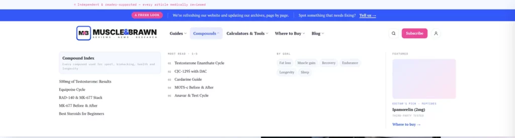 New Muscle & Brawn navigation menu with the Compounds dropdown open