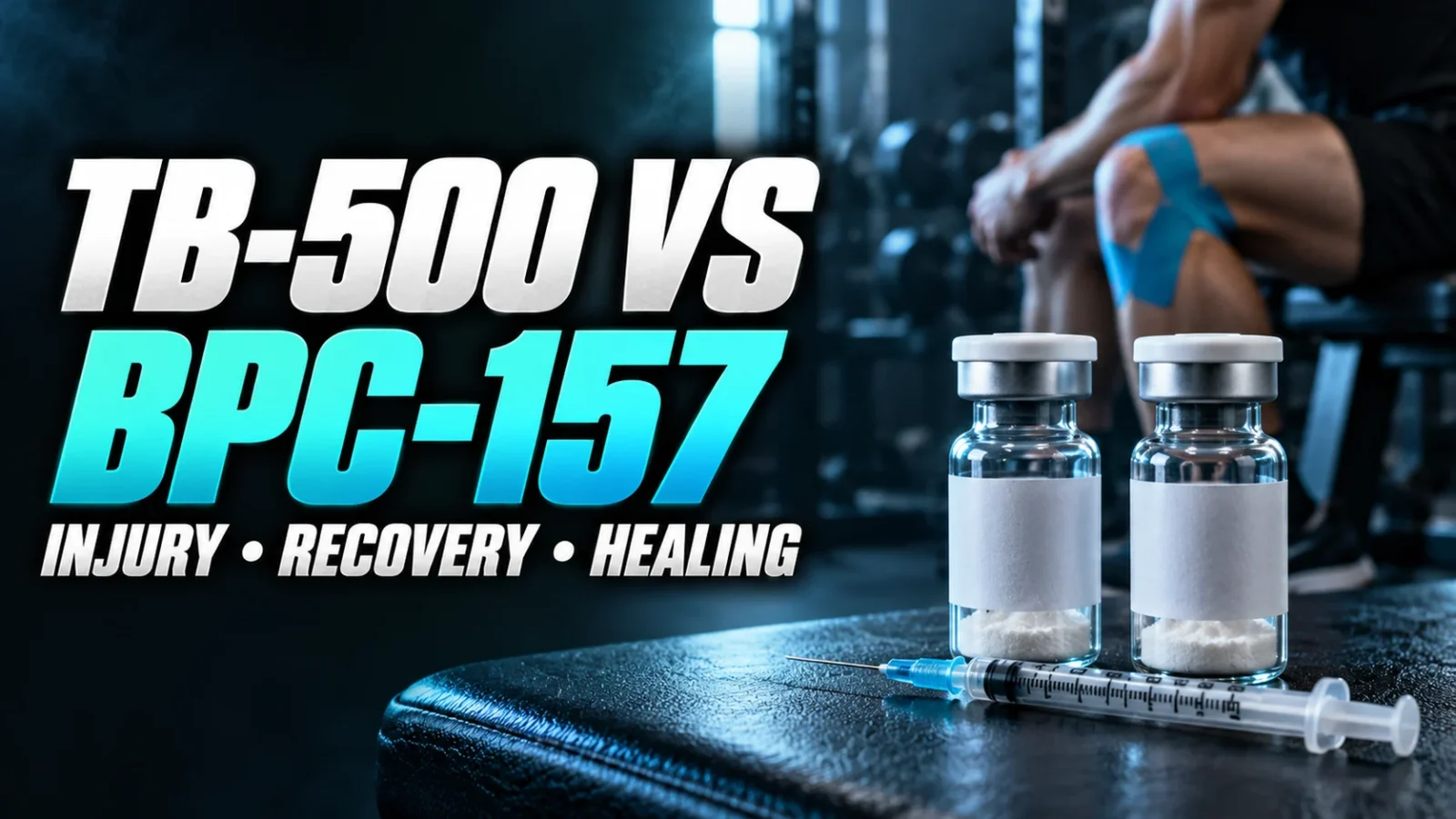 Two peptide vials and a syringe on a gym bench, with a man taping his knee in the background, for a comparison of TB-500 and BPC-157